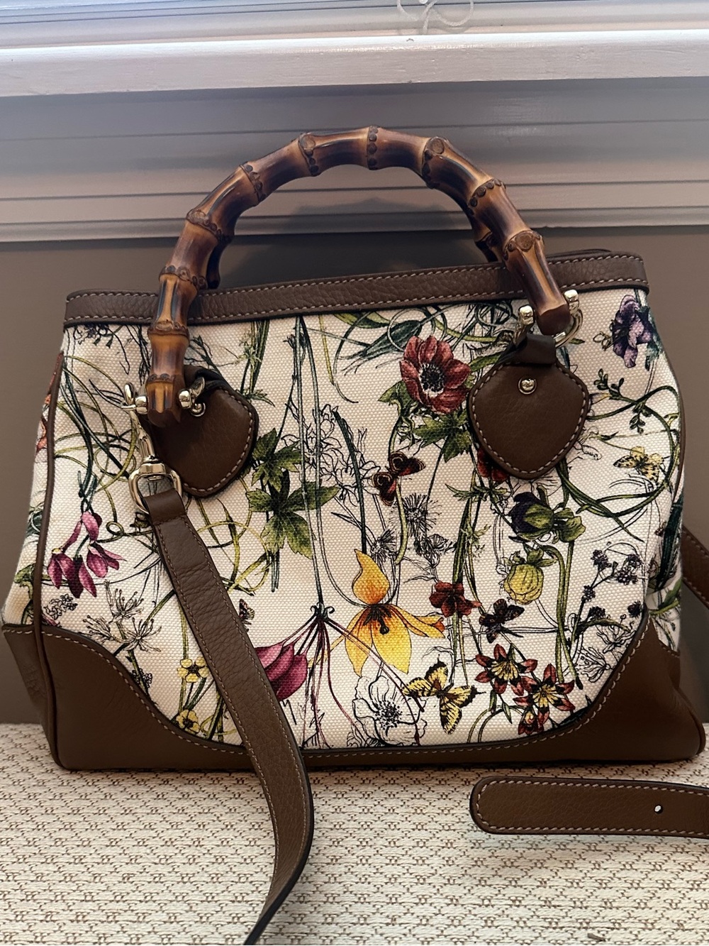 Gucci Floral Canvas crossbody with Bamboo Handles